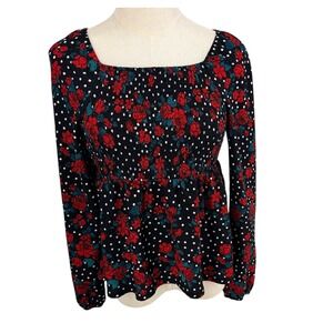 Self Esteem Smocked Peplum Top Women XL Black Red Floral Polka Dot Whimsygoth